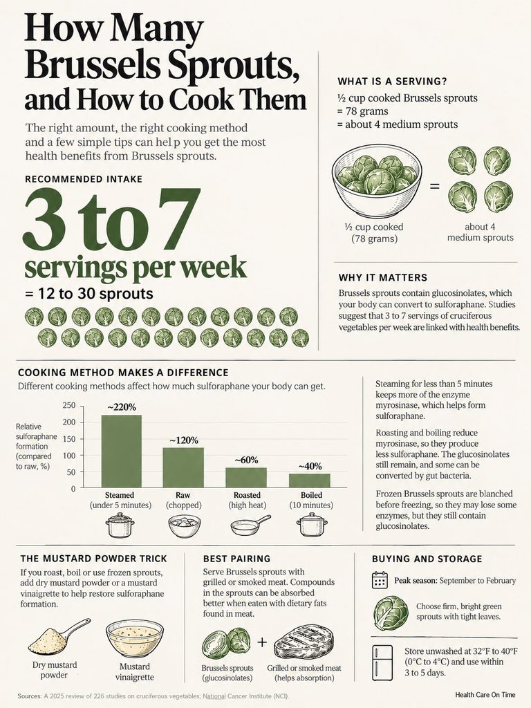 Infographic detailing Brussels sprouts servings, cooking methods, and health benefits with charts and illustrations.
