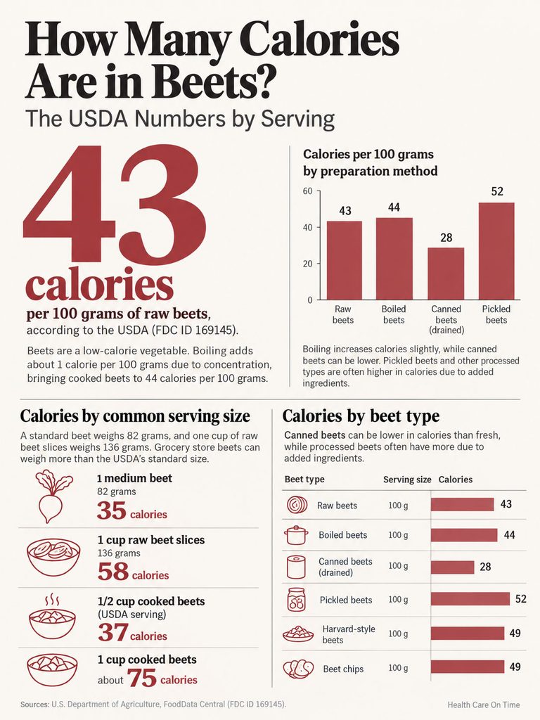 Infographic showing calorie content in beets, including 43 calories per 100g of raw beets and preparation methods.