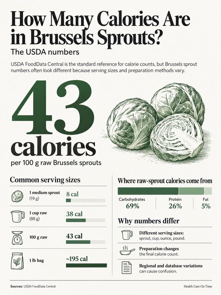 Infographic showing calorie content in Brussels sprouts, including serving sizes and nutritional breakdown.