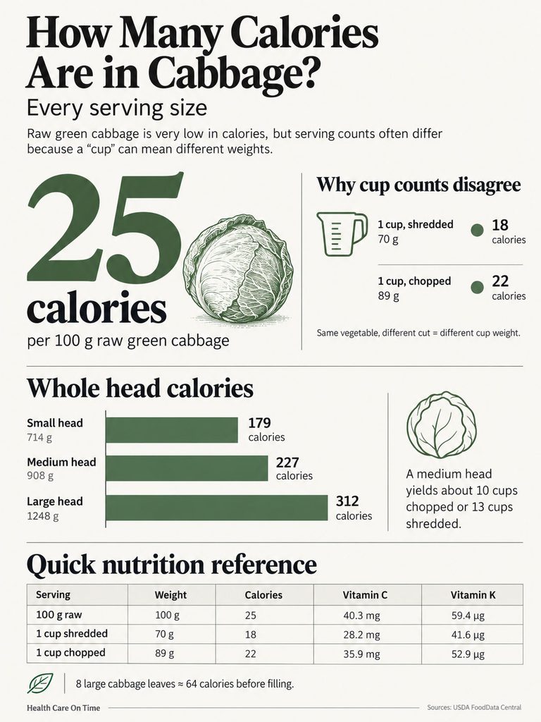 Infographic showing cabbage calorie content, serving sizes, and nutritional information with charts and icons.