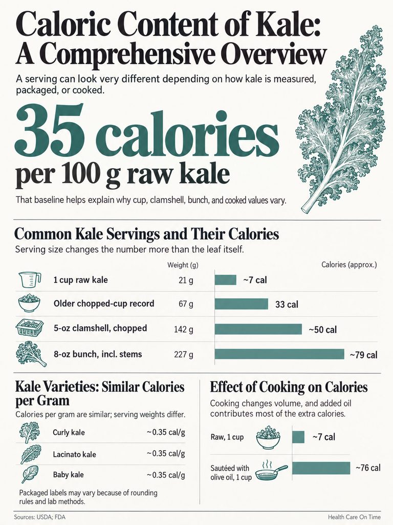 Infographic showing caloric content of kale, serving sizes, and cooking effects on calories.