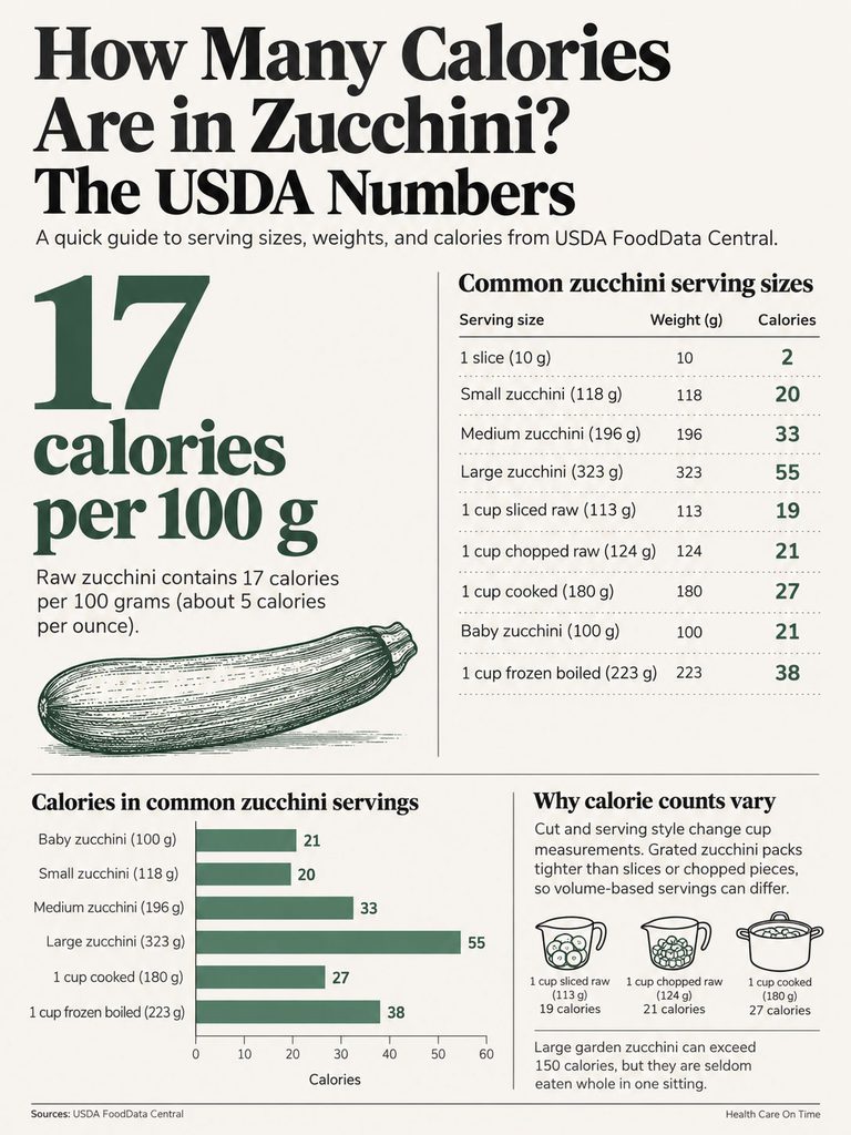 Infographic showing zucchini calorie counts, serving sizes, and weights with illustrations of zucchini and charts.