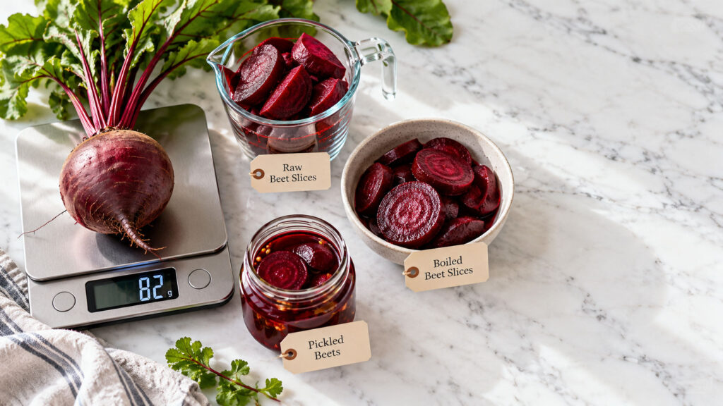 A fresh beetroot on a scale beside jars of pickled and boiled beet slices on a marble countertop.