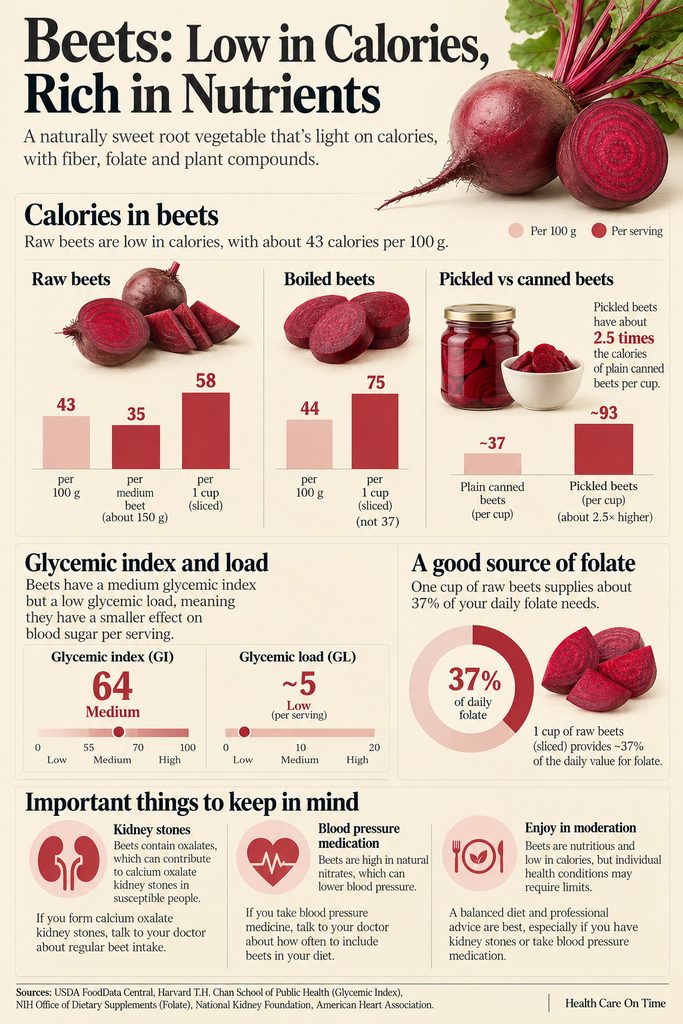 Infographic showing beets' calorie content, glycemic index, folate benefits, and health tips with charts and icons.