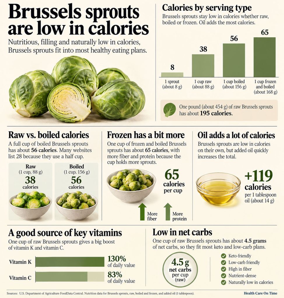 Infographic showing Brussels sprouts calorie content, serving types, and nutritional benefits with charts and icons.