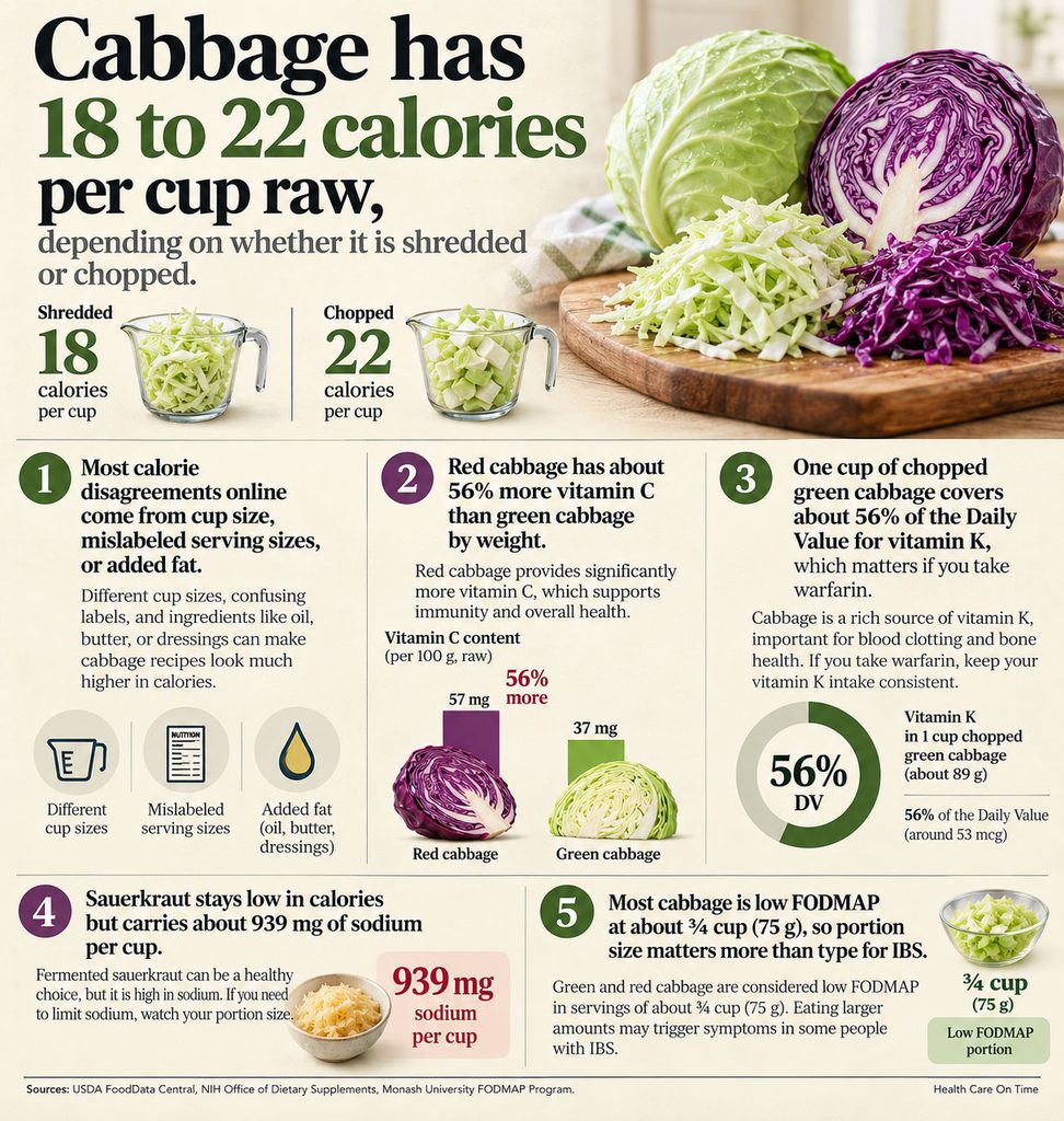 Infographic showing cabbage calorie counts, vitamin content, and health tips with images of shredded and chopped cabbage.