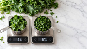 Two measuring cups of kale on digital scales show 21g and 67g on a marble countertop.