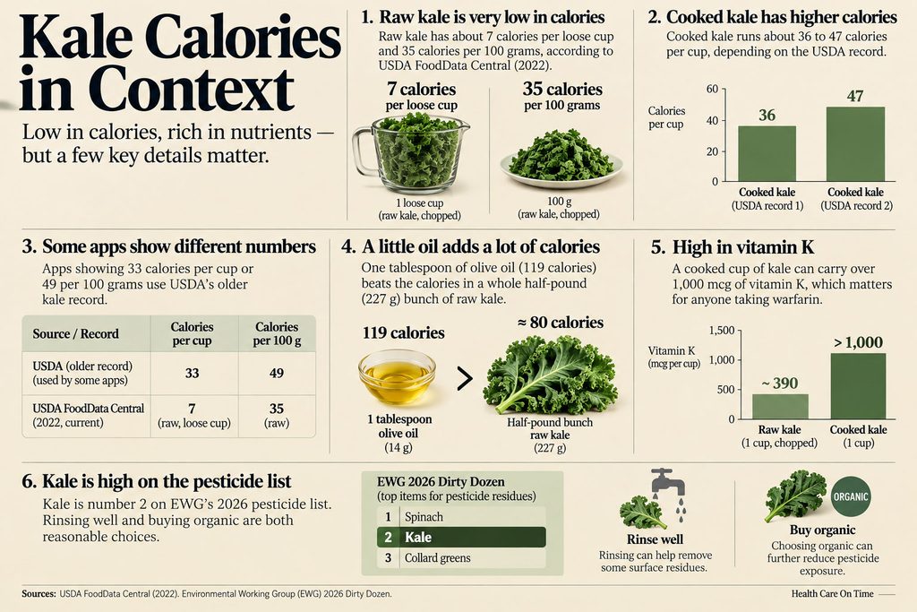 Infographic showing kale calories, nutrition facts, and pesticide information with charts and illustrations.