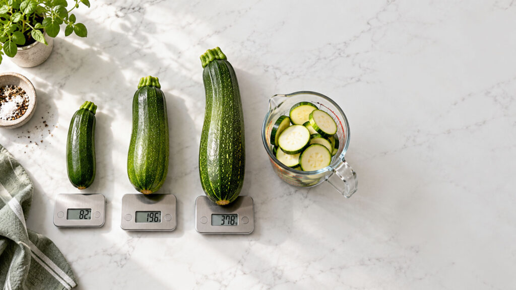 Three zucchinis of varying sizes on digital scales with sliced zucchini in a measuring cup nearby.