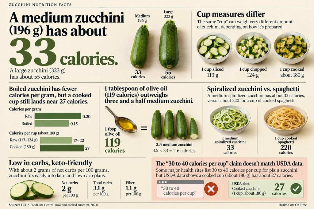 Infographic showing zucchini nutrition facts, calorie comparisons, and preparation methods with illustrations and data.