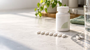 A white bottle of pills sits beside eight white tablets on a marble countertop with a glass of water and a green cloth.