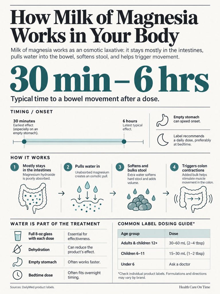 Infographic explaining how milk of magnesia works, including timing, effects, and dosage guidelines.