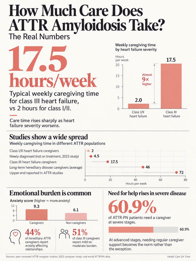 Infographic showing caregiving hours for ATTR amyloidosis, with charts on anxiety scores and caregiver needs.
