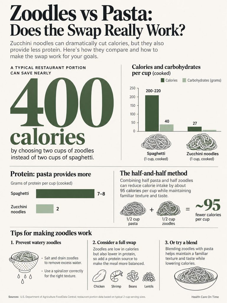 Infographic comparing calories and protein in zucchini noodles and spaghetti, highlighting calorie savings and tips.