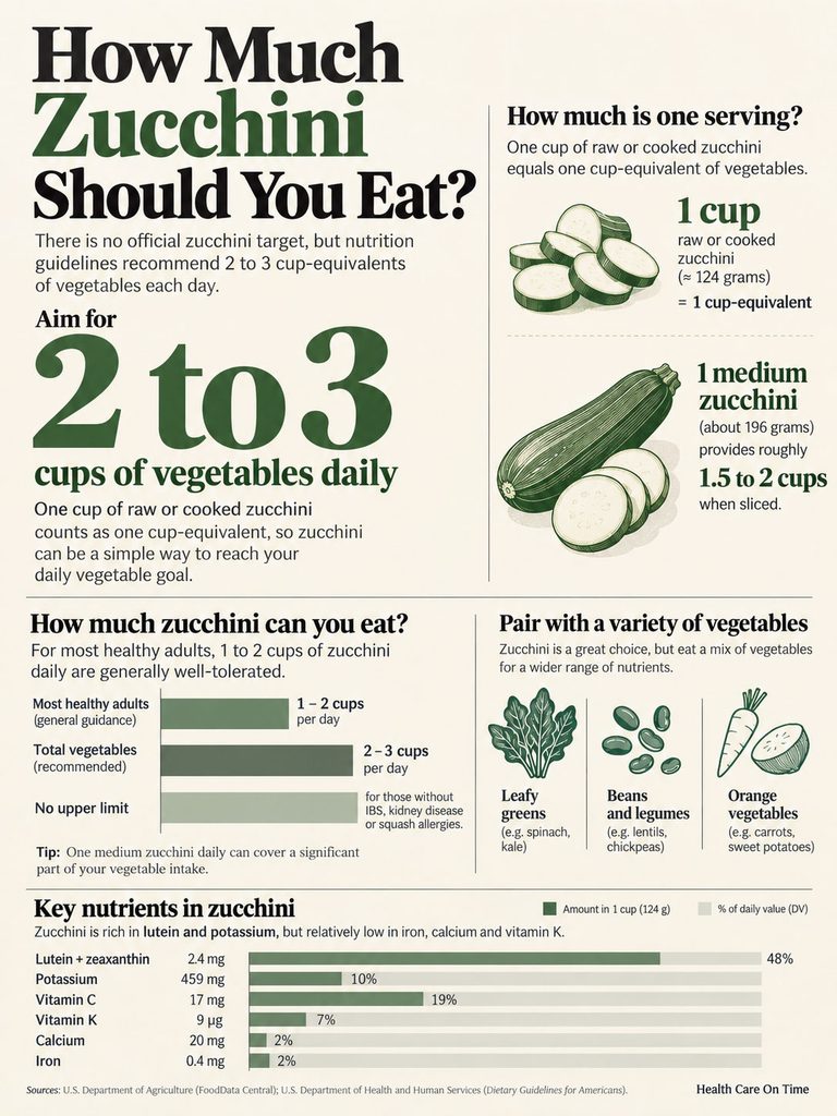 Infographic detailing zucchini consumption guidelines, serving sizes, and key nutrients with charts and illustrations.