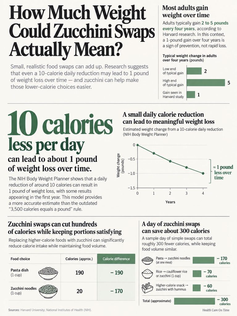 Infographic showing weight loss potential from zucchini swaps, including calorie comparisons and graphs.