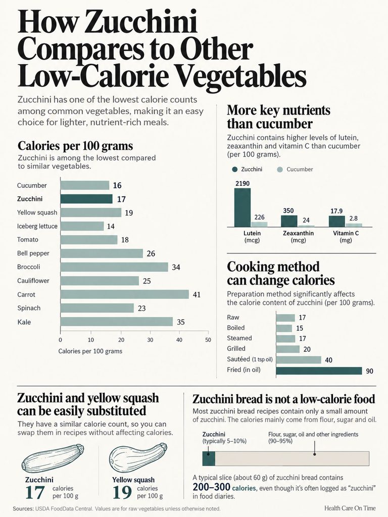 Infographic comparing zucchini's calories and nutrients with other low-calorie vegetables, including charts and illustrations.