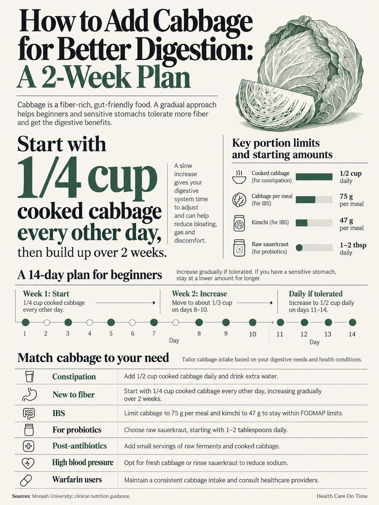 Infographic detailing a 2-week plan to add cabbage for better digestion with portion limits and health tips.