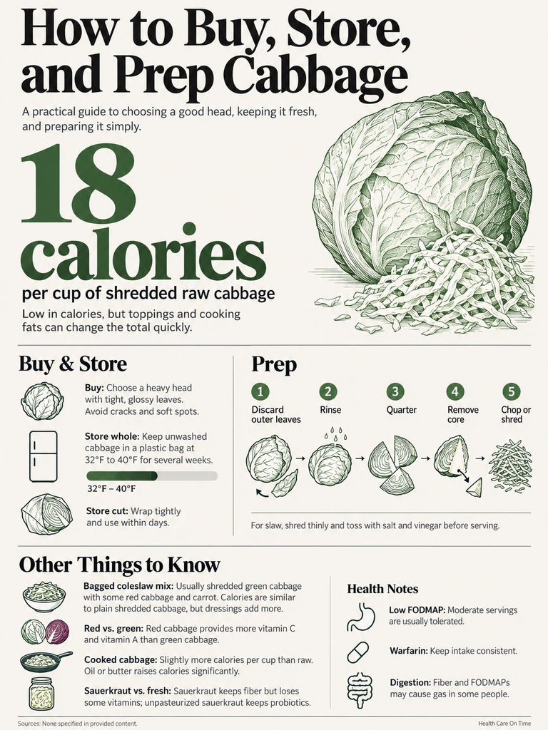 Infographic on buying, storing, and prepping cabbage with calorie count and preparation steps illustrated.