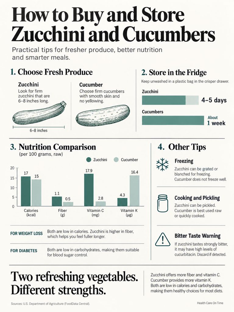 Infographic comparing zucchini and cucumbers, detailing storage tips, nutrition facts, and cooking advice.