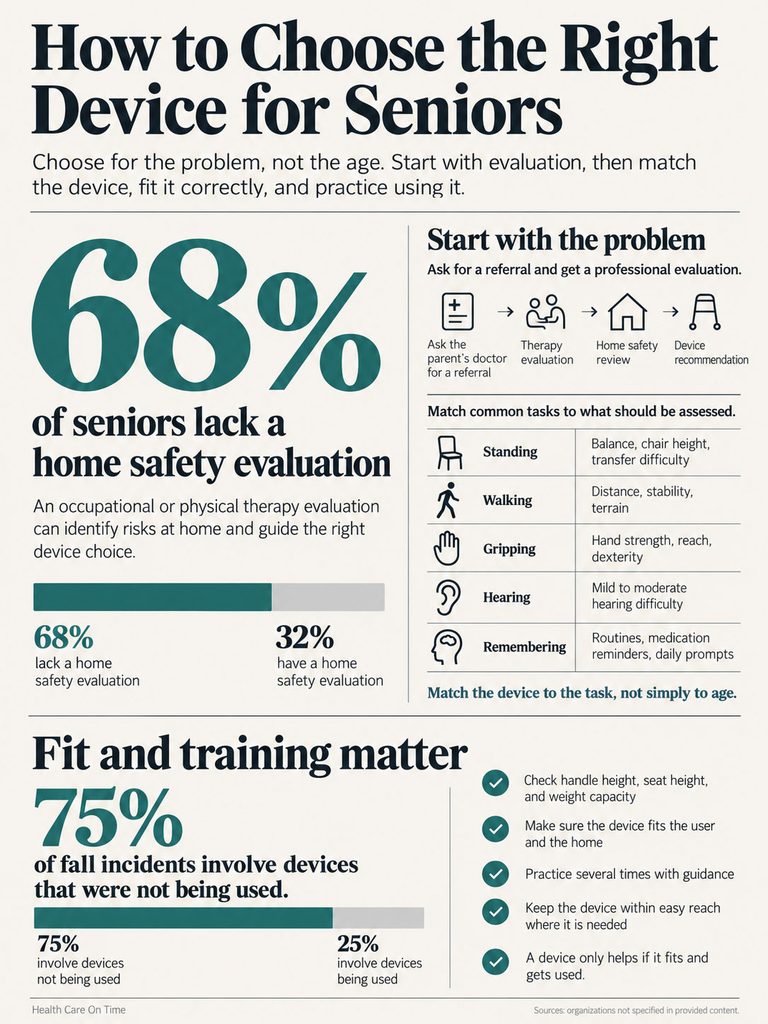 Infographic showing how to choose the right device for seniors, highlighting safety evaluations and fall statistics.