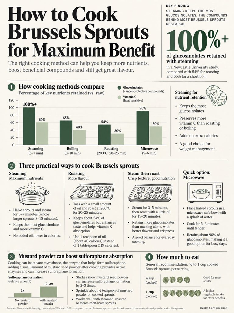 Infographic showing how to cook Brussels sprouts for maximum nutrient retention with charts and cooking methods.