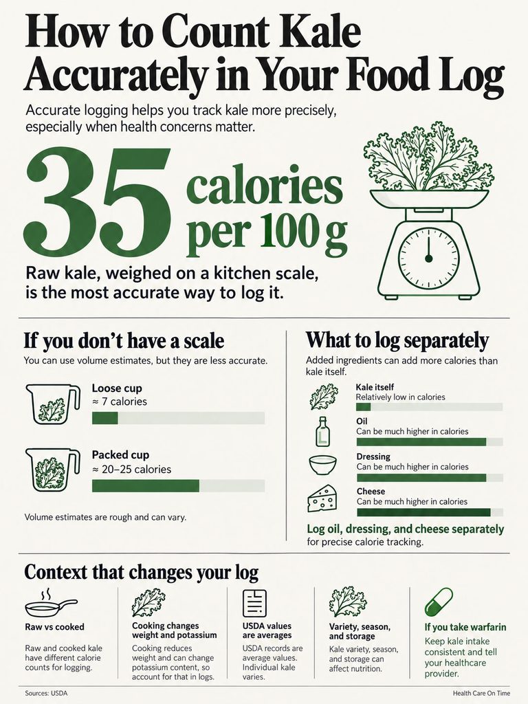 Infographic explaining how to count kale calories, showing scales, measurements, and calorie information.