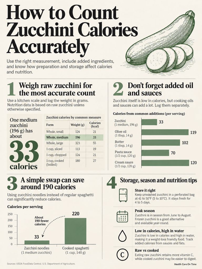 Infographic explaining how to count zucchini calories accurately with charts and tips on preparation and storage.
