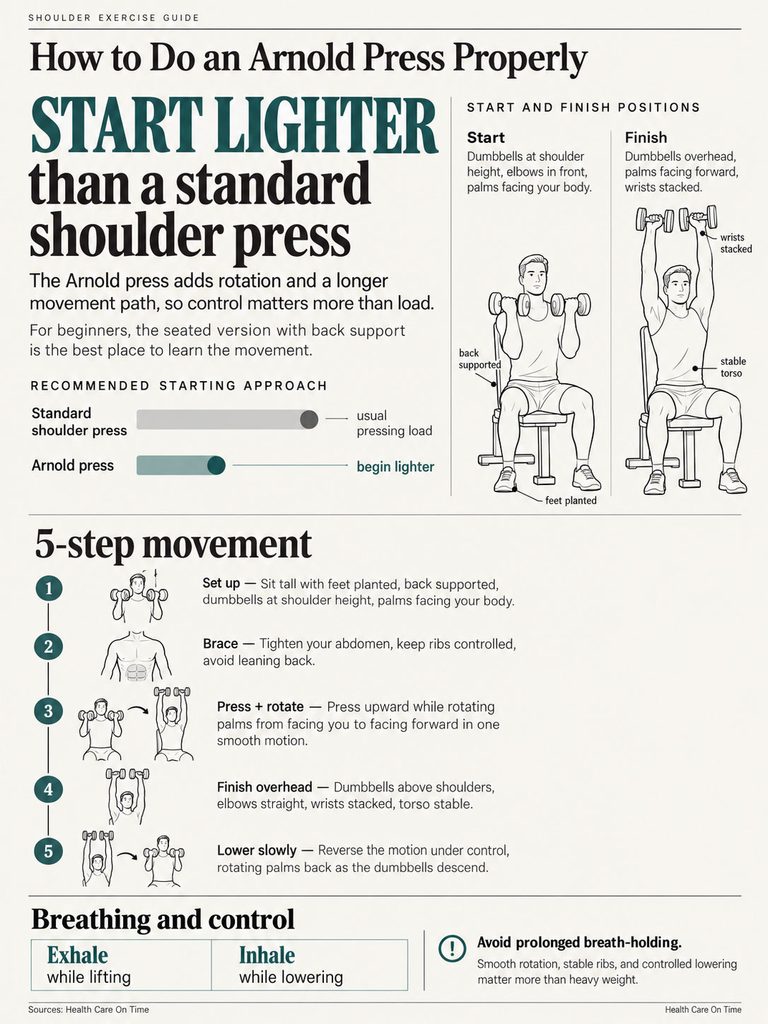 Infographic showing how to do an Arnold press properly with steps and illustrations for technique.