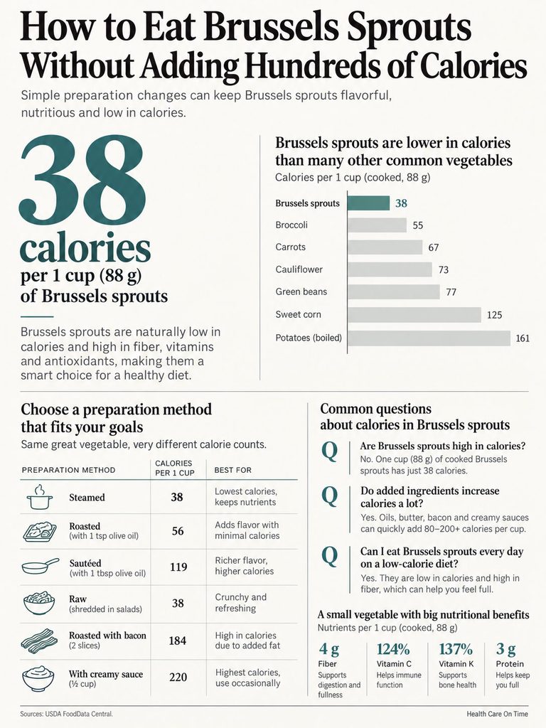 Infographic showing Brussels sprouts calorie counts and preparation methods with charts and data comparisons.