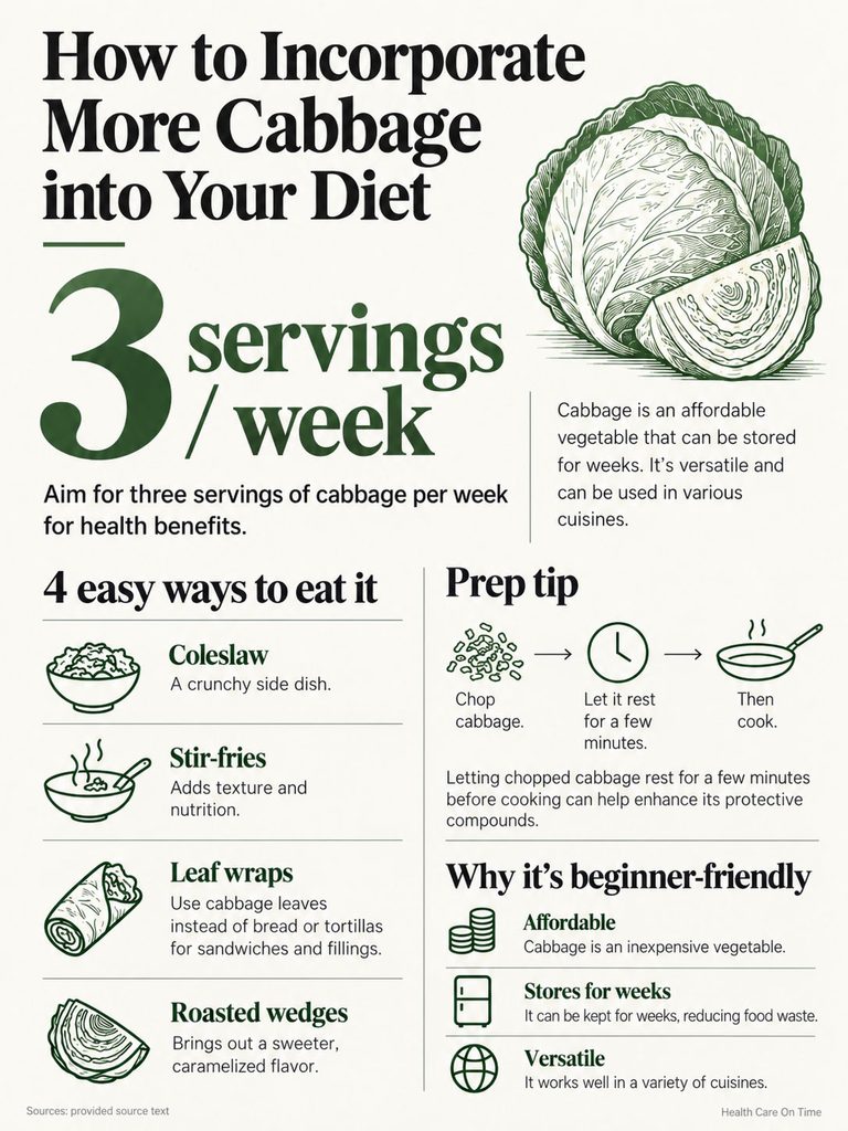Infographic showing ways to incorporate cabbage into diet with tips and benefits, including serving suggestions.
