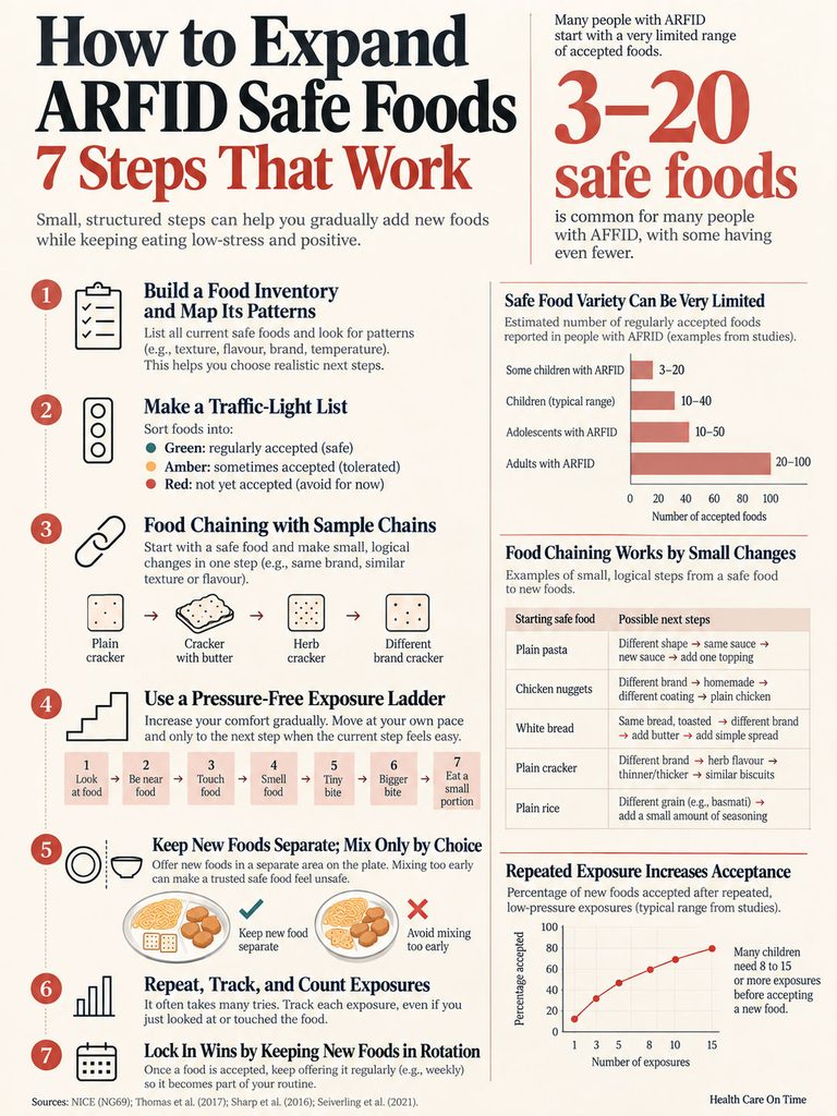 Infographic detailing 7 steps to expand ARFID safe foods, including charts and icons for guidance.