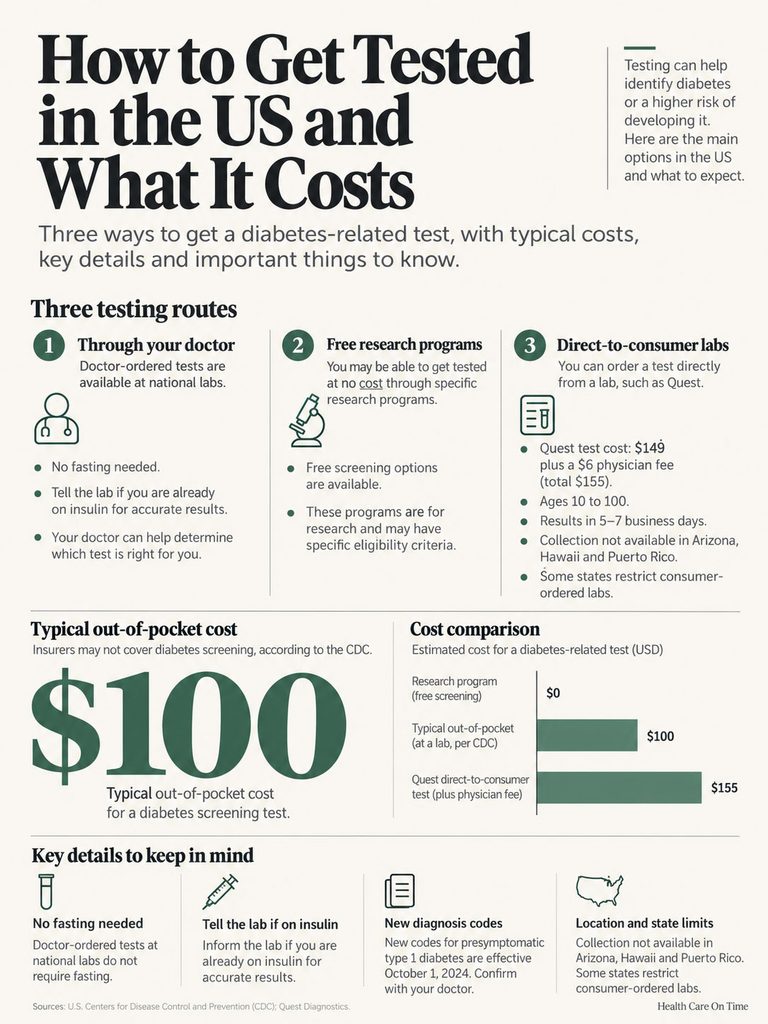 Infographic detailing diabetes testing options in the US, including costs and key details about each method.