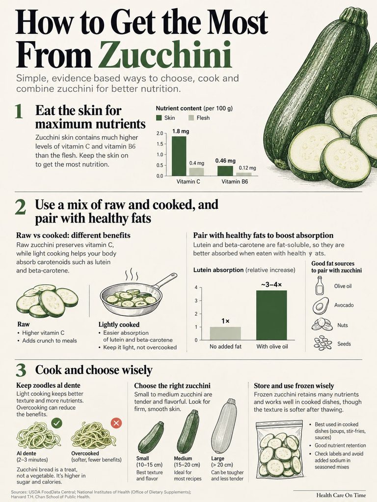 Infographic on maximizing zucchini nutrition with tips on skin consumption, cooking methods, and pairing with fats.