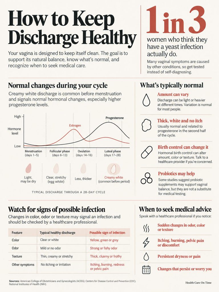 Infographic detailing healthy vaginal discharge, including hormonal changes, signs of infection, and typical characteristics.