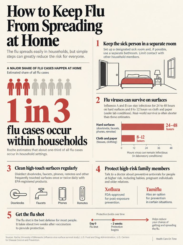 Infographic showing flu prevention tips at home, including statistics and cleaning recommendations.