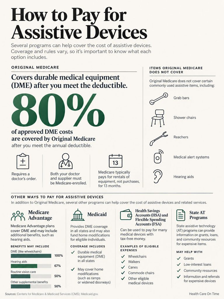 Infographic detailing how to pay for assistive devices, showing Medicare coverage and excluded items.