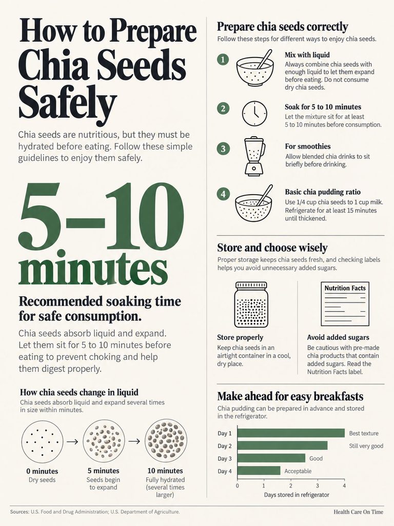 Infographic on preparing chia seeds safely, detailing soaking times and storage tips with illustrations and charts.