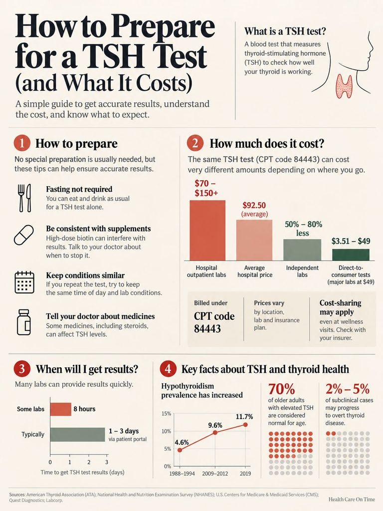 Infographic detailing preparation for a TSH test, costs, and key facts about thyroid health, including charts and tips.