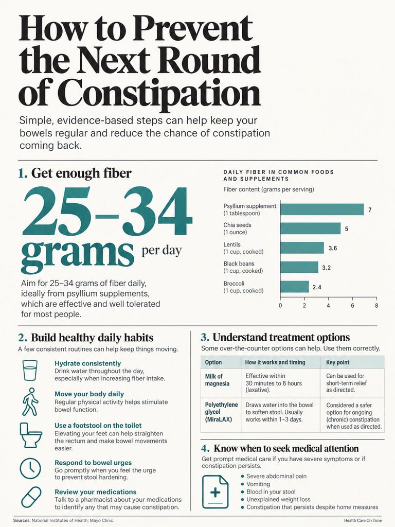 Infographic on preventing constipation with fiber intake, daily habits, treatment options, and medical attention guidelines.