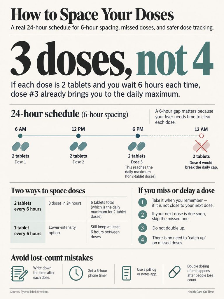 Infographic showing a 24-hour schedule for spacing doses, including charts and tips for missed doses.
