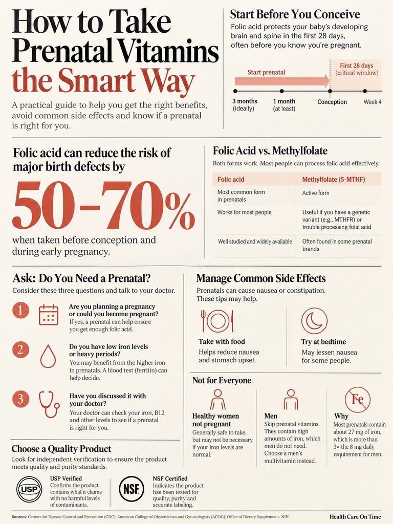 Infographic on prenatal vitamins detailing benefits, folic acid, and managing side effects.
