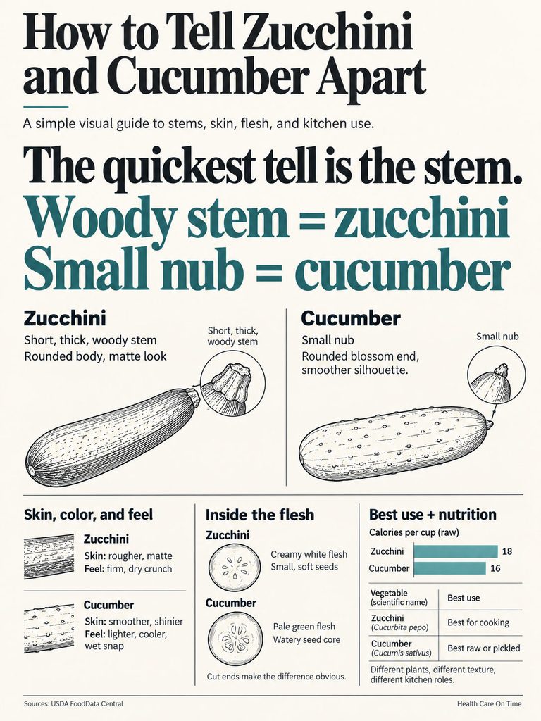 Infographic comparing zucchini and cucumber characteristics, including stems, skin, flesh, and nutrition facts.