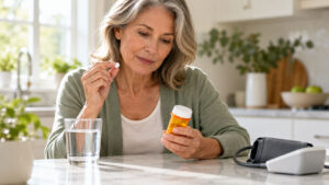 A woman examines a pill while holding a prescription bottle at a kitchen table with a glass of water nearby.