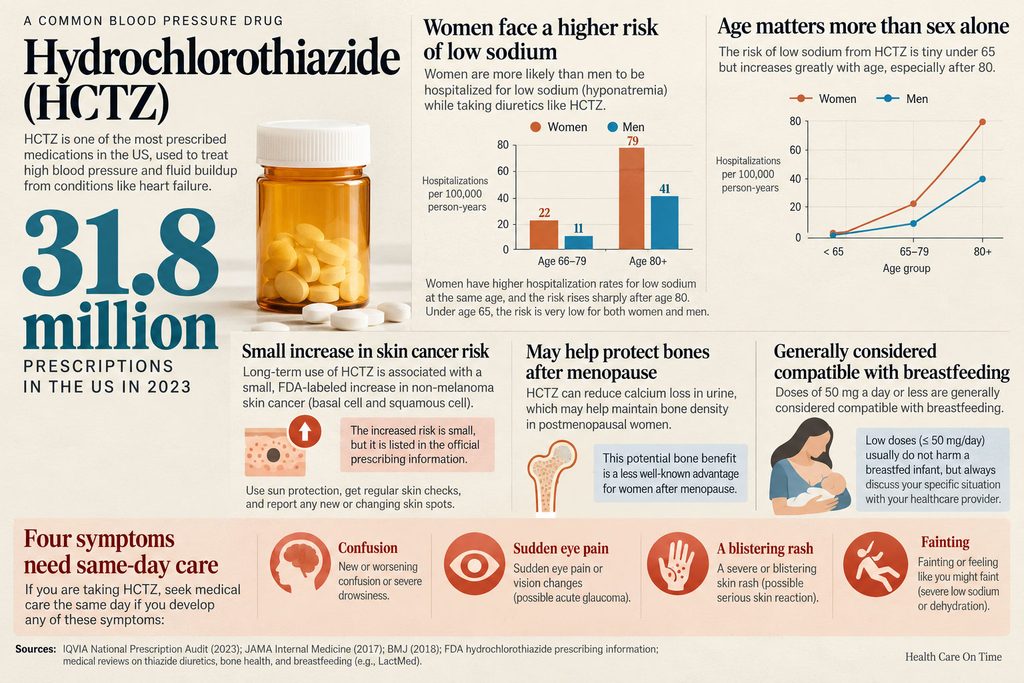 Infographic on Hydrochlorothiazide (HCTZ) with statistics, risks, and benefits for blood pressure management.