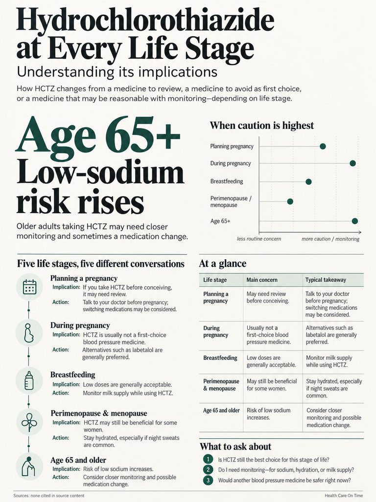 Infographic on Hydrochlorothiazide implications at every life stage, highlighting age 65+ low-sodium risk and monitoring needs.