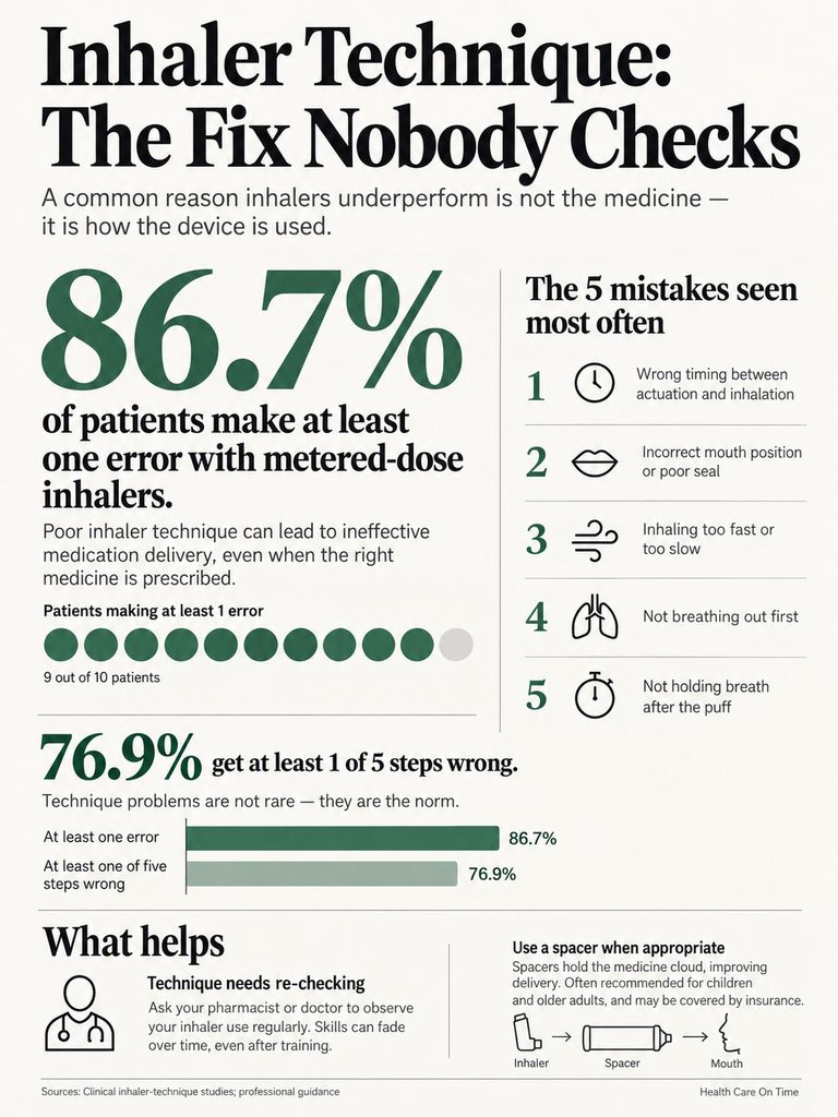 Infographic showing inhaler technique errors, with statistics on patient mistakes and tips for improvement.