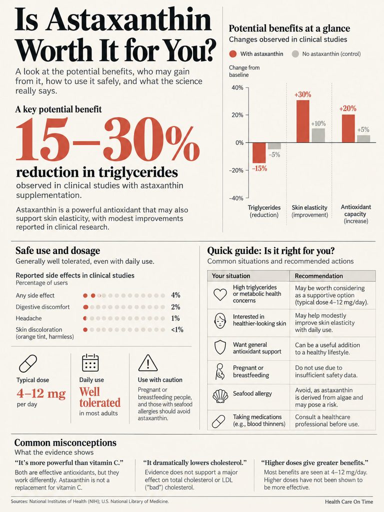Infographic on astaxanthin benefits, showing triglyceride reduction, dosage, and common misconceptions.
