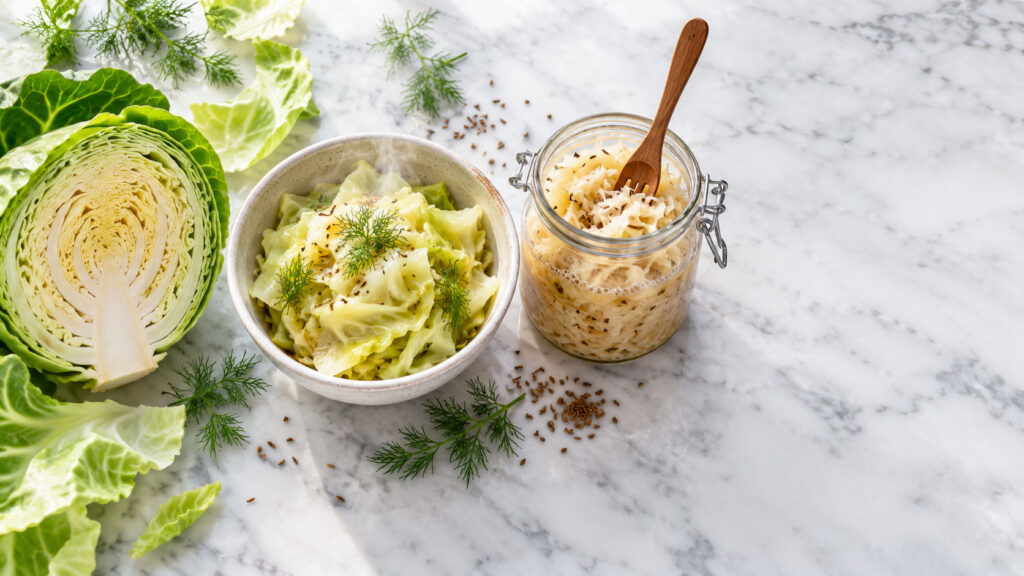 Fresh green cabbage, a bowl of cooked cabbage, and a jar of sauerkraut on a marble surface.