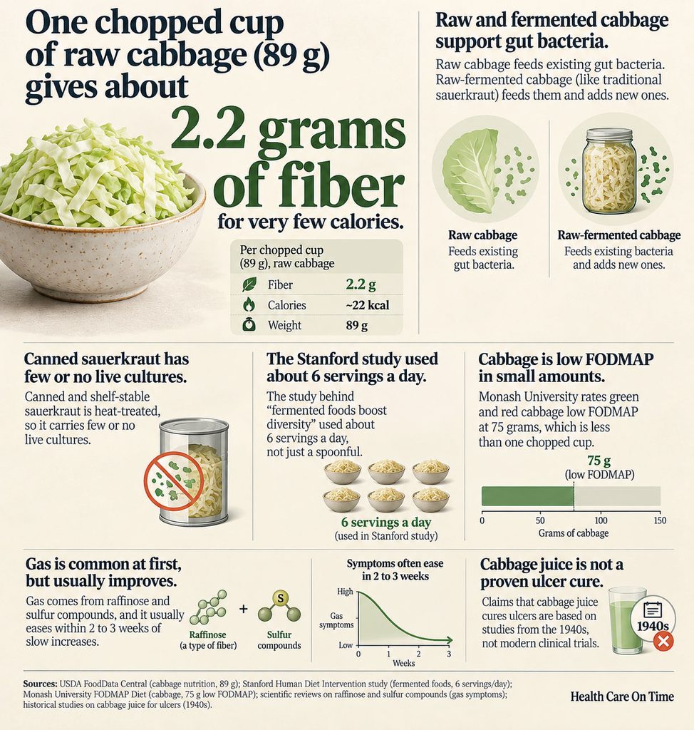 Infographic showing benefits of raw cabbage, fiber content, and gut health statistics with illustrations and charts.